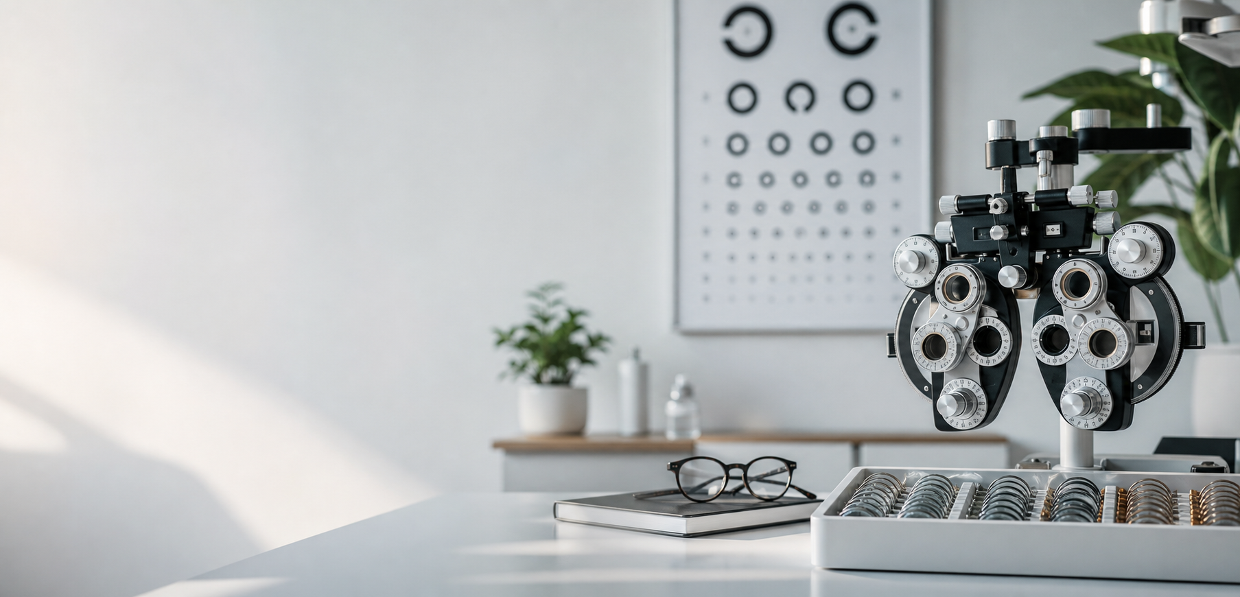 Optometrijos darbo stalas su lęšiais ir regėjimo patikros motyvais
